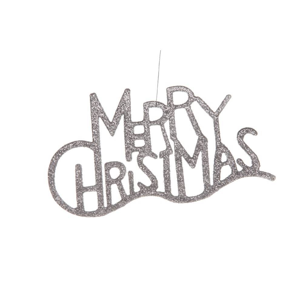 Sparkling zilveren tekst in speelse letters: "Merry Christmas", met een golvende onderrand.