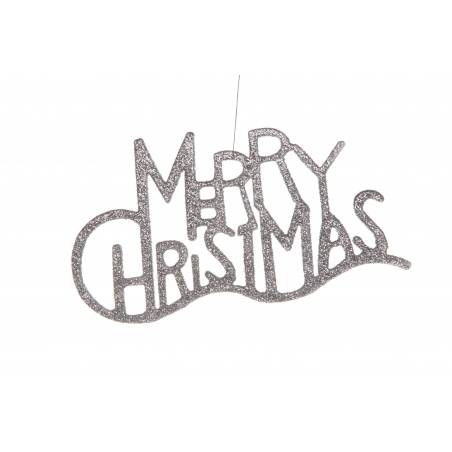 Sparkling zilveren tekst in speelse letters: "Merry Christmas", met een golvende onderrand.