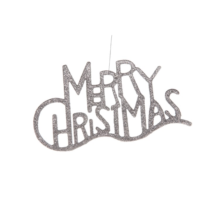 Sparkling zilveren tekst in speelse letters: "Merry Christmas", met een golvende onderrand.
