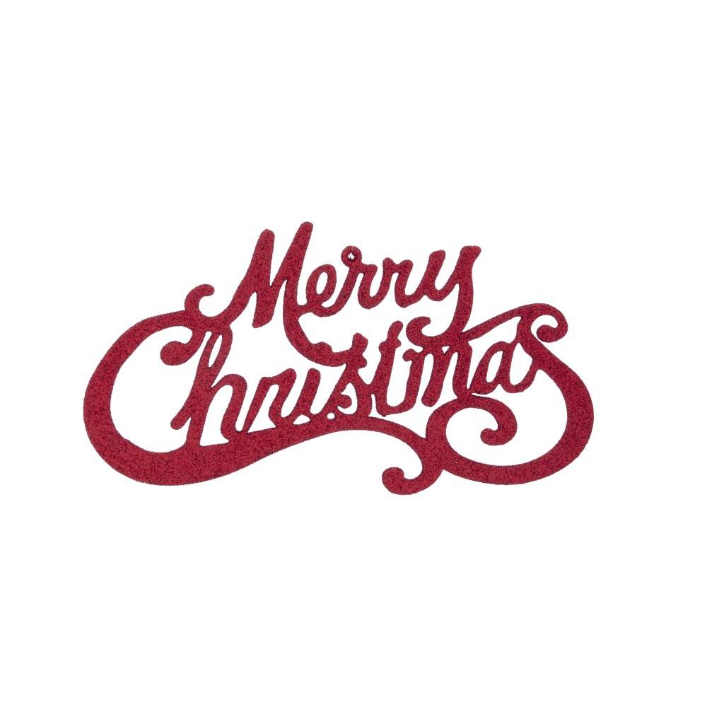Rode glinsterende tekst met sierlijke letters, woorden "Merry Christmas" in een speelse stijl.