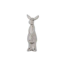 A shiny silver figurine of a moose with antlers, standing upright with a playful expression.
