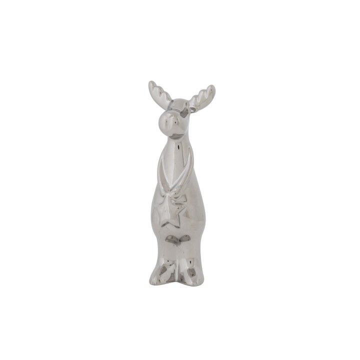 Glanzende, witte keramische eland met een speelse houding en gedetailleerde hoorns.