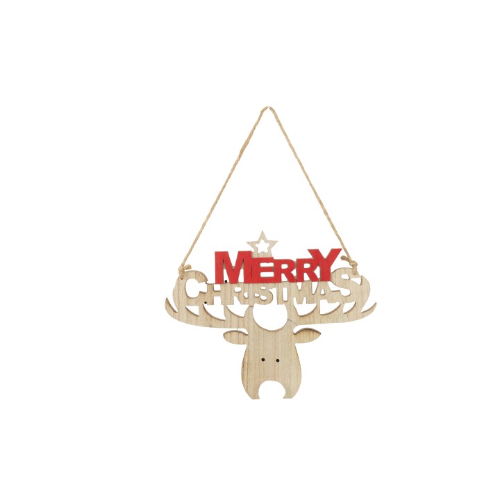 Houten kerstdecoratie met een rendier en de tekst "MERRY CHRISTMAS" in rood.