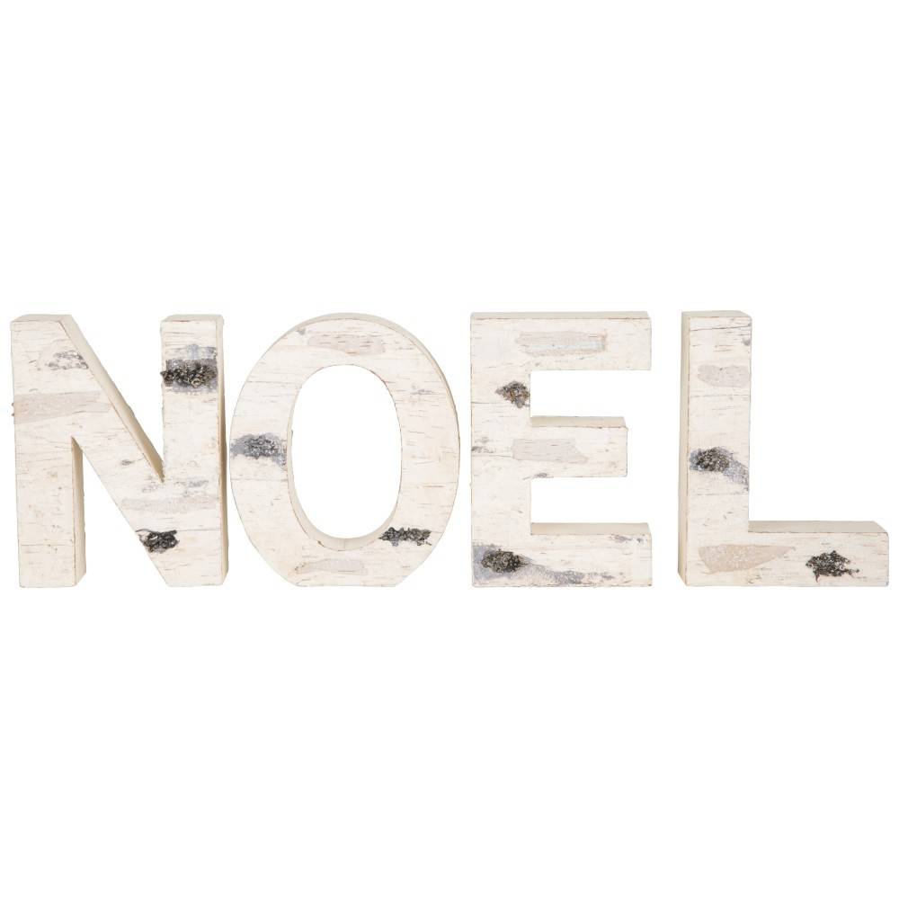 Houten letters in natuurlijke tinten, vormen het woord "NOEL" met een rustieke uitstraling.