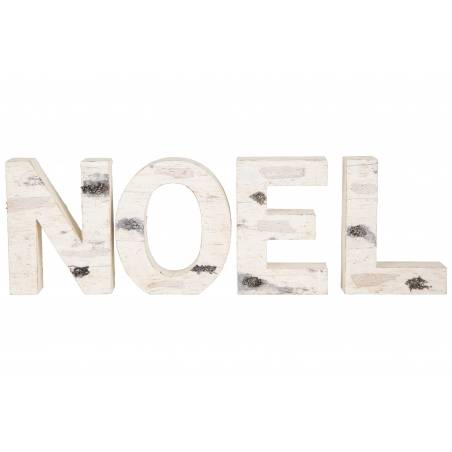 Houten letters in natuurlijke tinten, vormen het woord "NOEL" met een rustieke uitstraling.