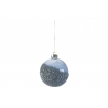 A blue ornament with a glittery silver bottom, elegantly hanging with a gold string.