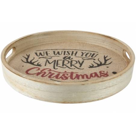 Ronde houten dienblad met een jute binnenkant en kerstgroeten in sierlijke letters.