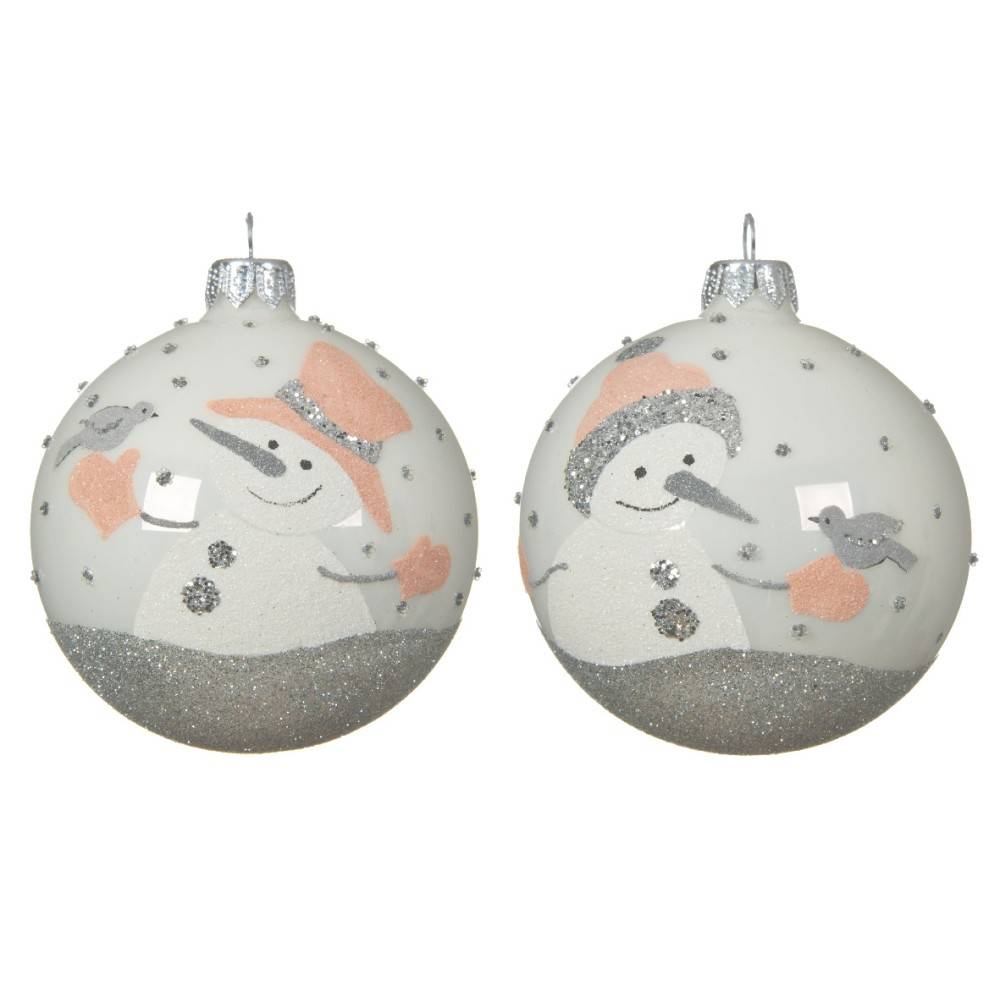 Two festive ornaments featuring cheerful snowmen in pastel colors and glittery accents.