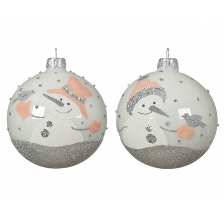 Twee kerstballen met een sneeuwman en schattige details in pastelkleuren en glitters.