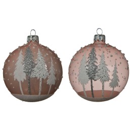 Two pink glass Christmas ornaments featuring silver trees and snowy accents.