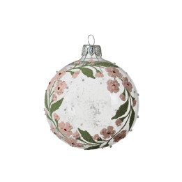 Glazen kerstbal met delicate bloesemdecoraties in roze en groene tinten.