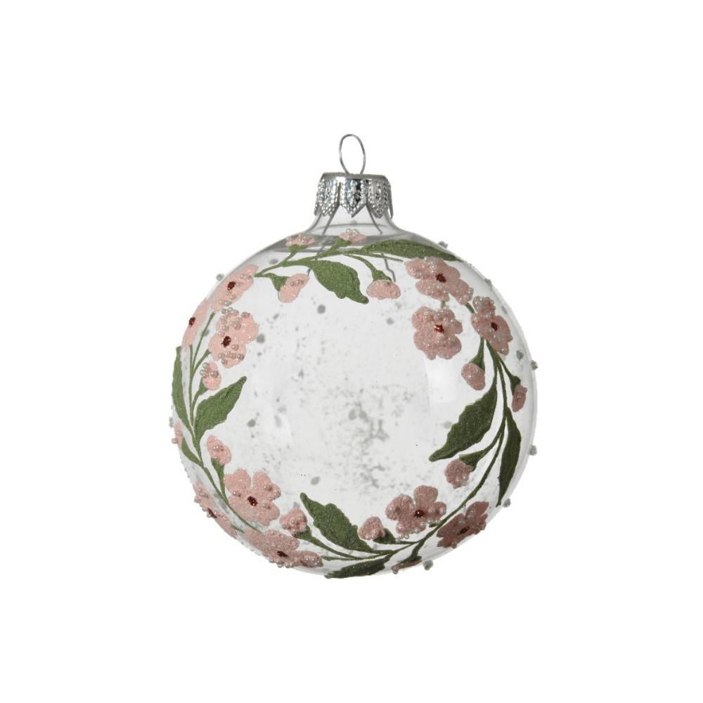 A clear glass ornament adorned with delicate pink flowers and green leaves.