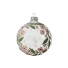 A clear glass ornament adorned with delicate pink flowers and green leaves.