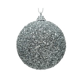 Glinsterende zilveren kerstbal bedekt met glitters, ronde vorm, hangend aan een haakje.