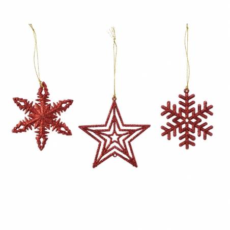 Three red holiday ornaments: a star, a snowflake, and a decorative star, all glittery and festive.