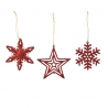 Three red holiday ornaments: a star, a snowflake, and a decorative star, all glittery and festive.