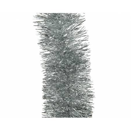 A shimmering silver tinsel strand with fine, metallic fibers.