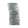A shimmering silver tinsel strand with fine, metallic fibers.
