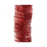 A vertical strand of shiny red tinsel, reflecting light with a festive sparkle.