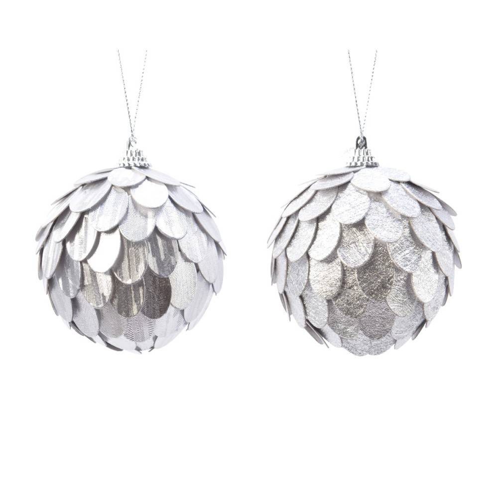 Two shimmering silver ornaments adorned with overlapping, scale-like sequins.