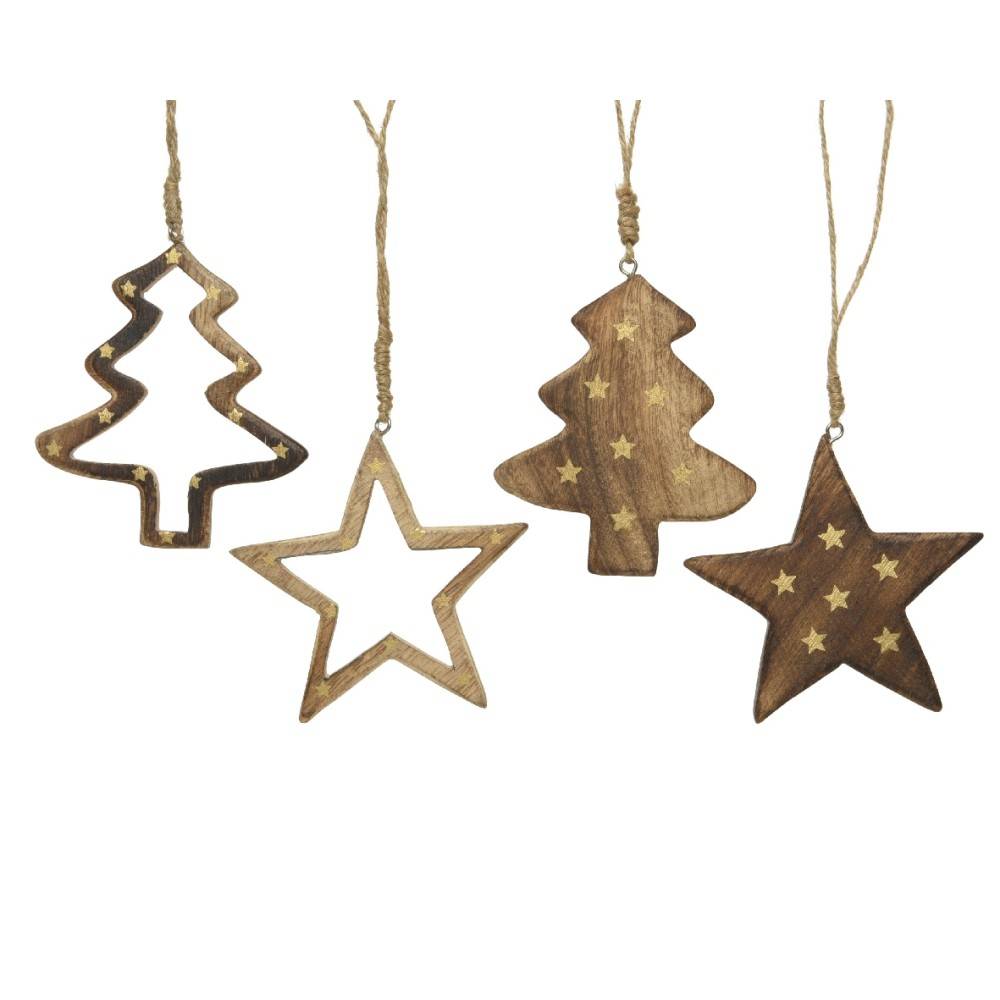 Four rustic wooden ornaments: a tree and two stars, accented with gold stars, all hanging by twine.