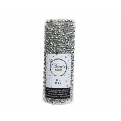 A clear cylindrical container filled with shiny silver beads, measuring 10 meters long.