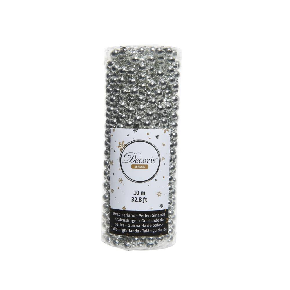 A clear cylindrical container filled with shiny silver beads, measuring 10 meters long.