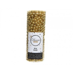 A shiny gold bead garland rolled in a clear cylindrical container.