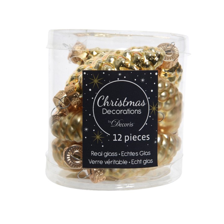 Transparante verpakking met 12 gouden kerstballen van glas, glanzend en feestelijk versierd.
