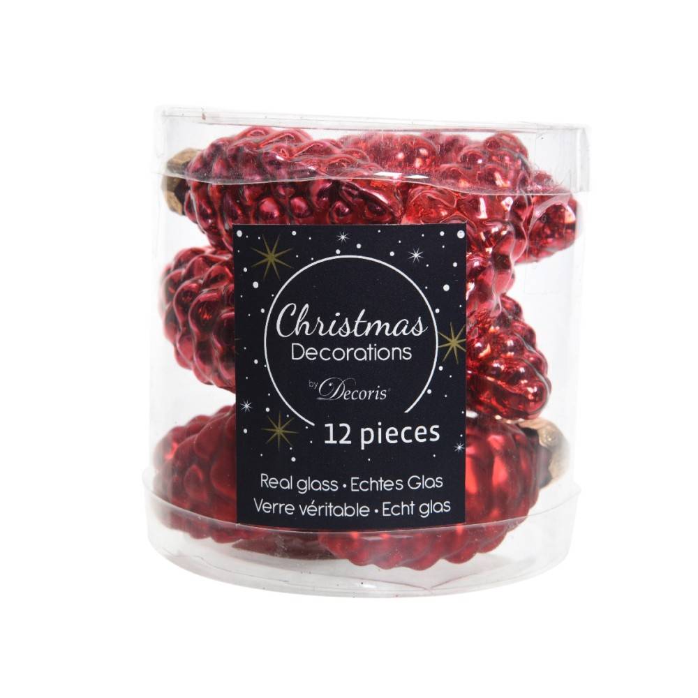 A clear container holds 12 shiny red glass pinecones with gold accents, perfect for festive decor.