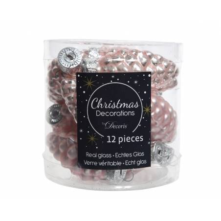 Transparante verpakking met 12 glazen kerstversieringen in de vorm van dennenappels, roze en zilver.