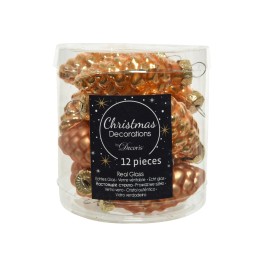 Transparante verpakking met 12 glazen kerstballen in de vorm van dennenappels, glanzend koperkleu...