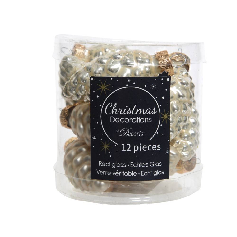 A clear container filled with shiny, glass Christmas ornaments shaped like pinecones.