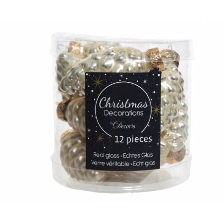 A clear container filled with shiny, glass Christmas ornaments shaped like pinecones.