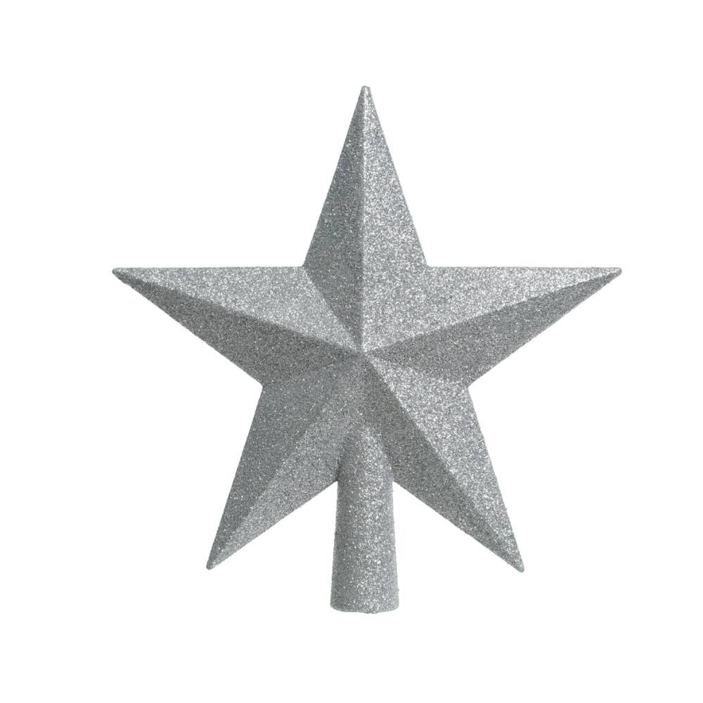 A shiny silver star with five pointed tips, sparkling with glitter.