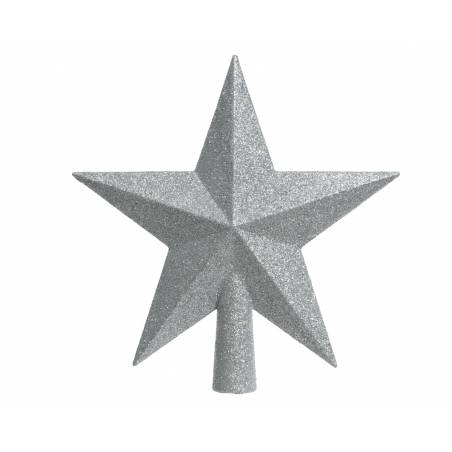 A shiny silver star with five pointed tips, sparkling with glitter.