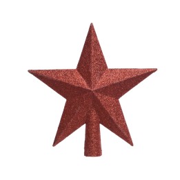 Diep rode, glinsterende ster met scherpe punten, gemaakt van glitterend materiaal.