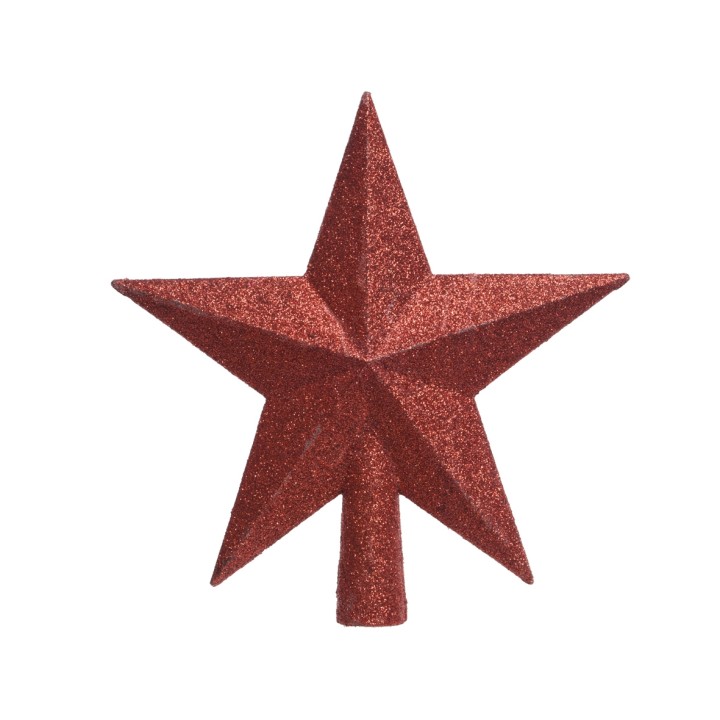 Diep rode, glinsterende ster met scherpe punten, gemaakt van glitterend materiaal.