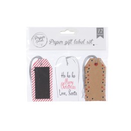 Set van 12 papieren cadeau-labels in verschillende ontwerpen, met kerstthema en kleuren.