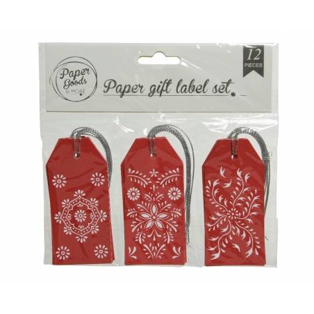 A set of twelve red paper gift labels featuring intricate white floral designs.