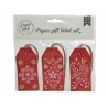 A set of twelve red paper gift labels featuring intricate white floral designs.