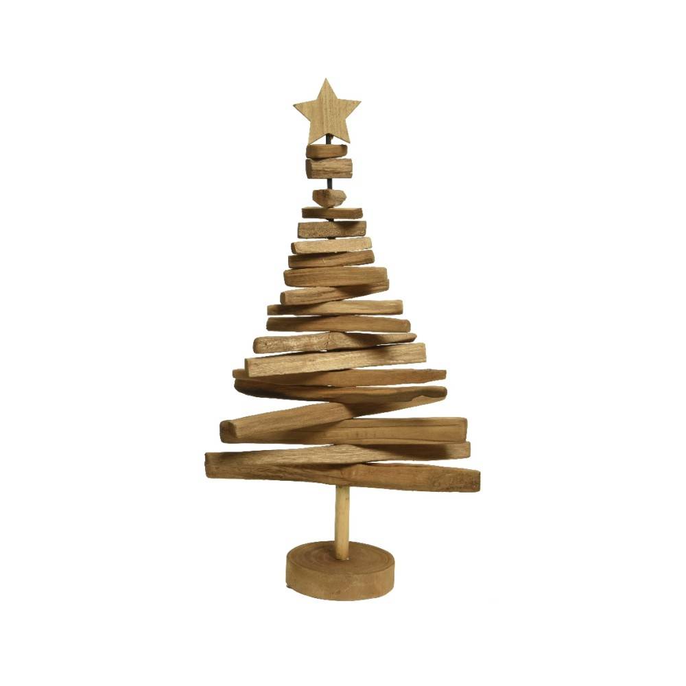 Een houten kerstboom met spiralen, afgewerkt met een ster bovenop. Warm, natuurlijk en rustiek.