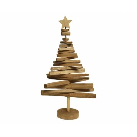 Een houten kerstboom met spiralen, afgewerkt met een ster bovenop. Warm, natuurlijk en rustiek.
