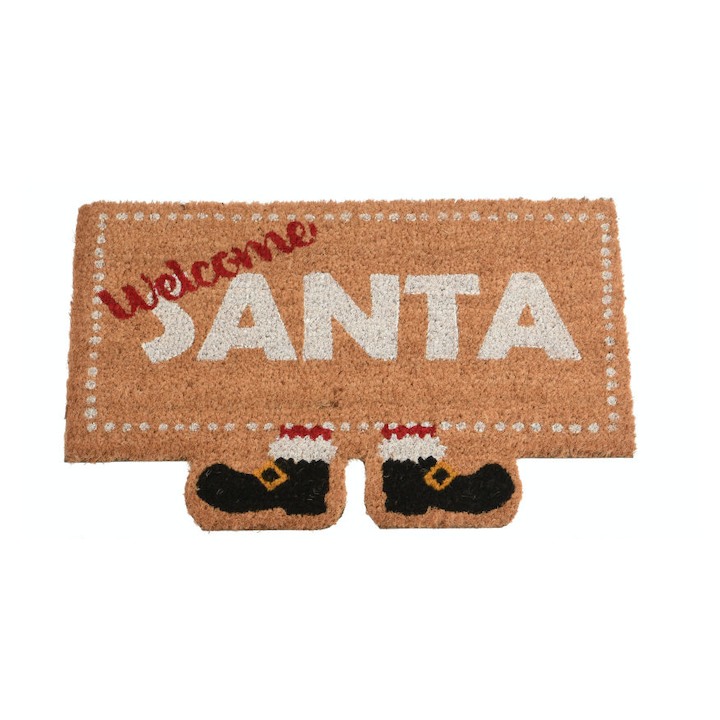 Deurmat in natuurlijke tinten met "Welcome Santa" en schattige botjes onderaan.