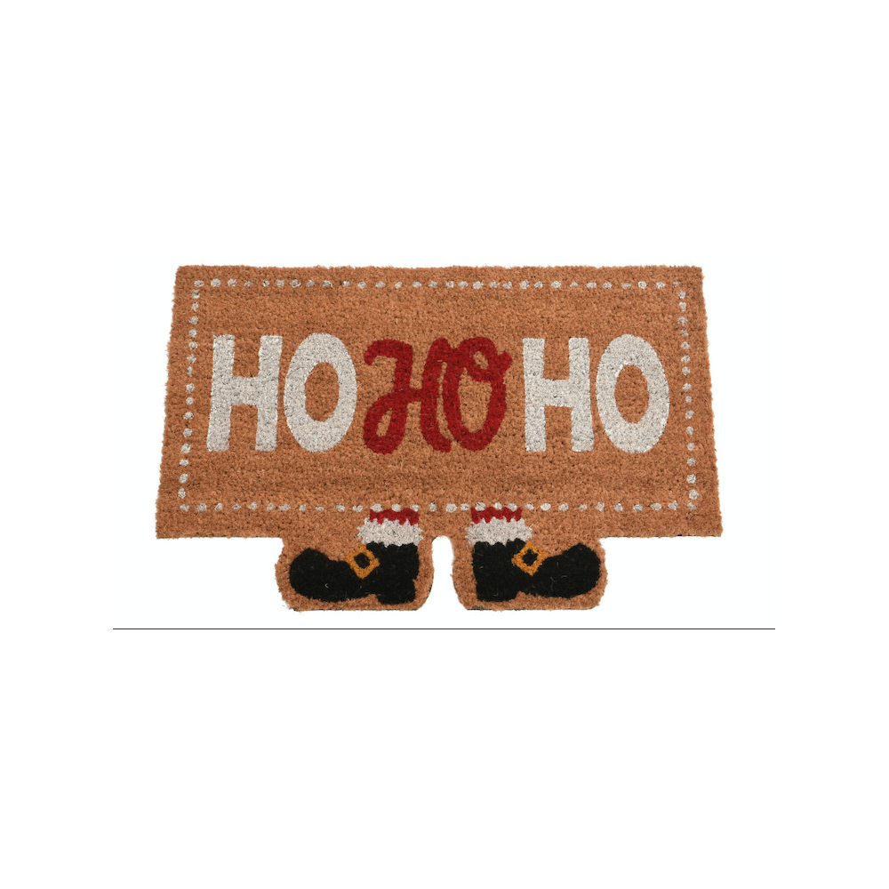 Een deurmat in bruin met de tekst "HO HO HO" en zwarte boots onderaan.