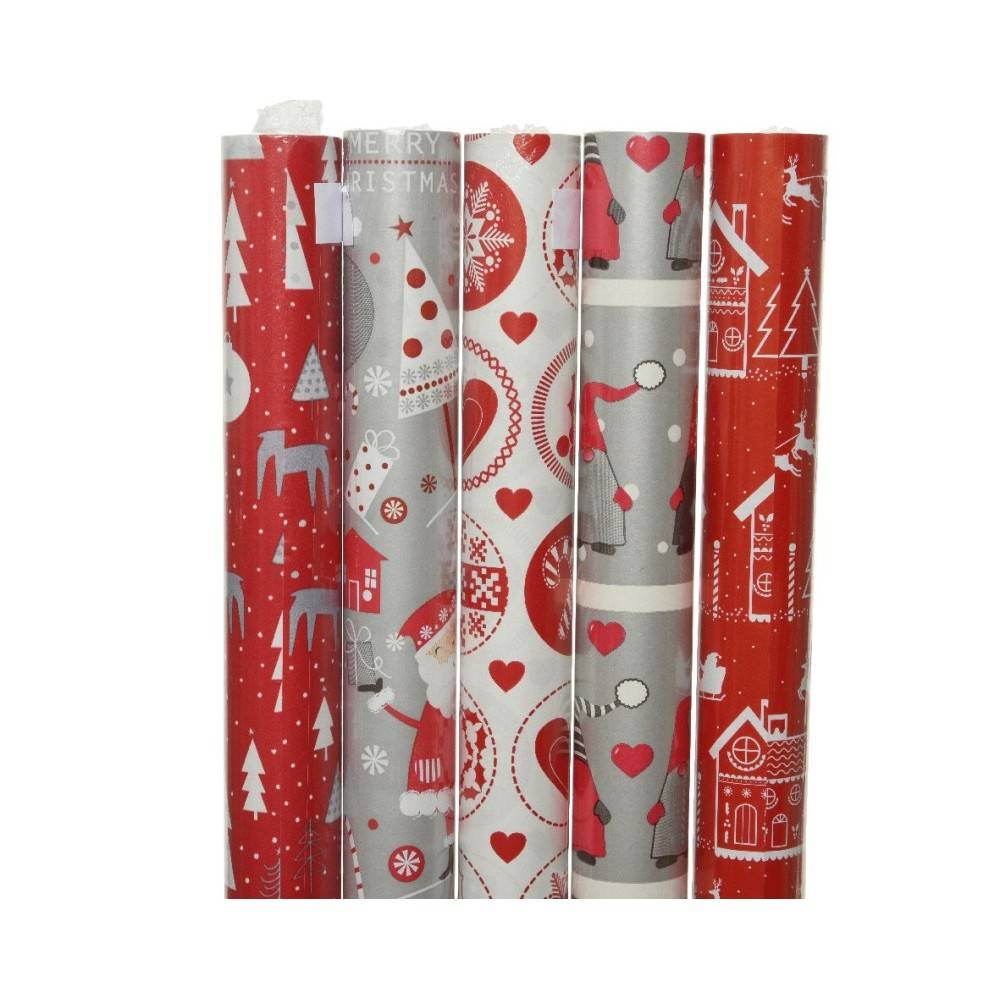 A collection of festive gift wrap rolls in red, white, and gray with cheerful holiday patterns.