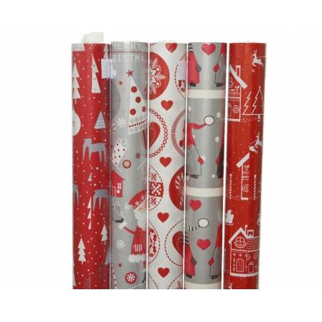 A collection of festive gift wrap rolls in red, white, and gray with cheerful holiday patterns.
