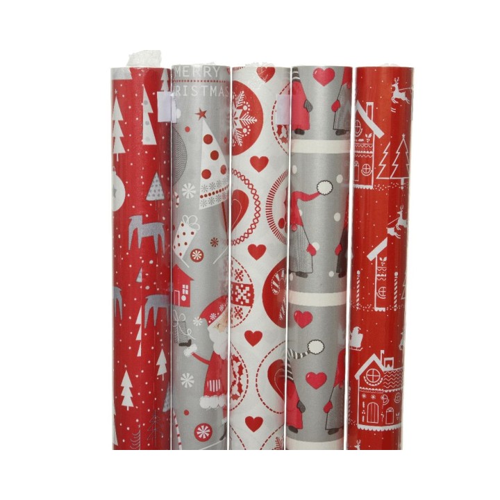 Vijf rollen in vrolijke rode en grijze kerstmotieven met sneeuw, hertjes en hartjes.