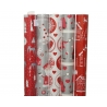 A collection of festive gift wrap rolls in red, white, and gray with cheerful holiday patterns.