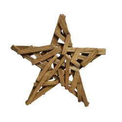 A rustic wooden star made of intertwined, weathered sticks in a natural finish.